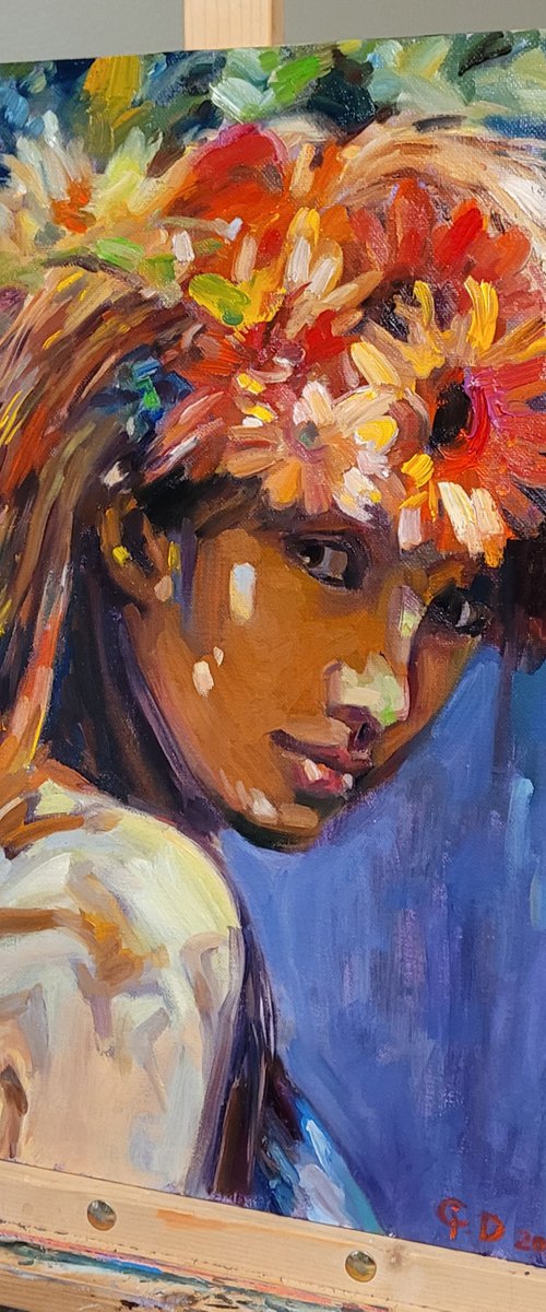 A Summer Girl, Expressive Contemporary Oil Painting Original by QI Debrah