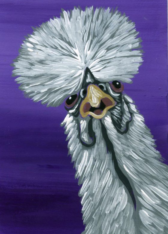 ACEO ATC Original Miniature Painting Showgirl Silkie Chicken Pet Bird Art-Carla Smale