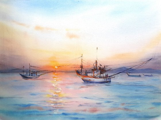 Watercolor landscape. Fishing boats at sunset