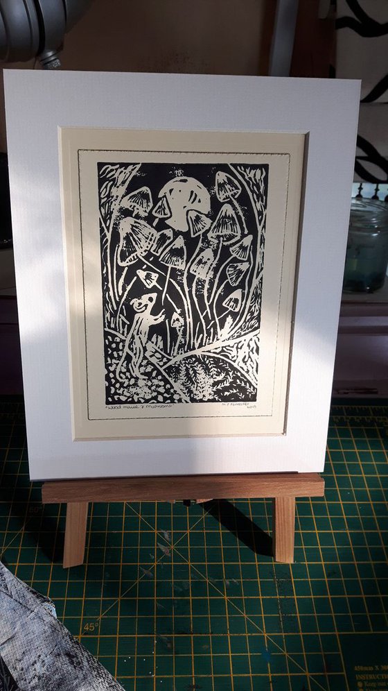 Wood Mouse and Mushrooms - Original Lino Print