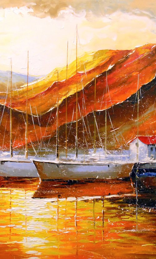Yachts in the mountain harbor by Olha Darchuk