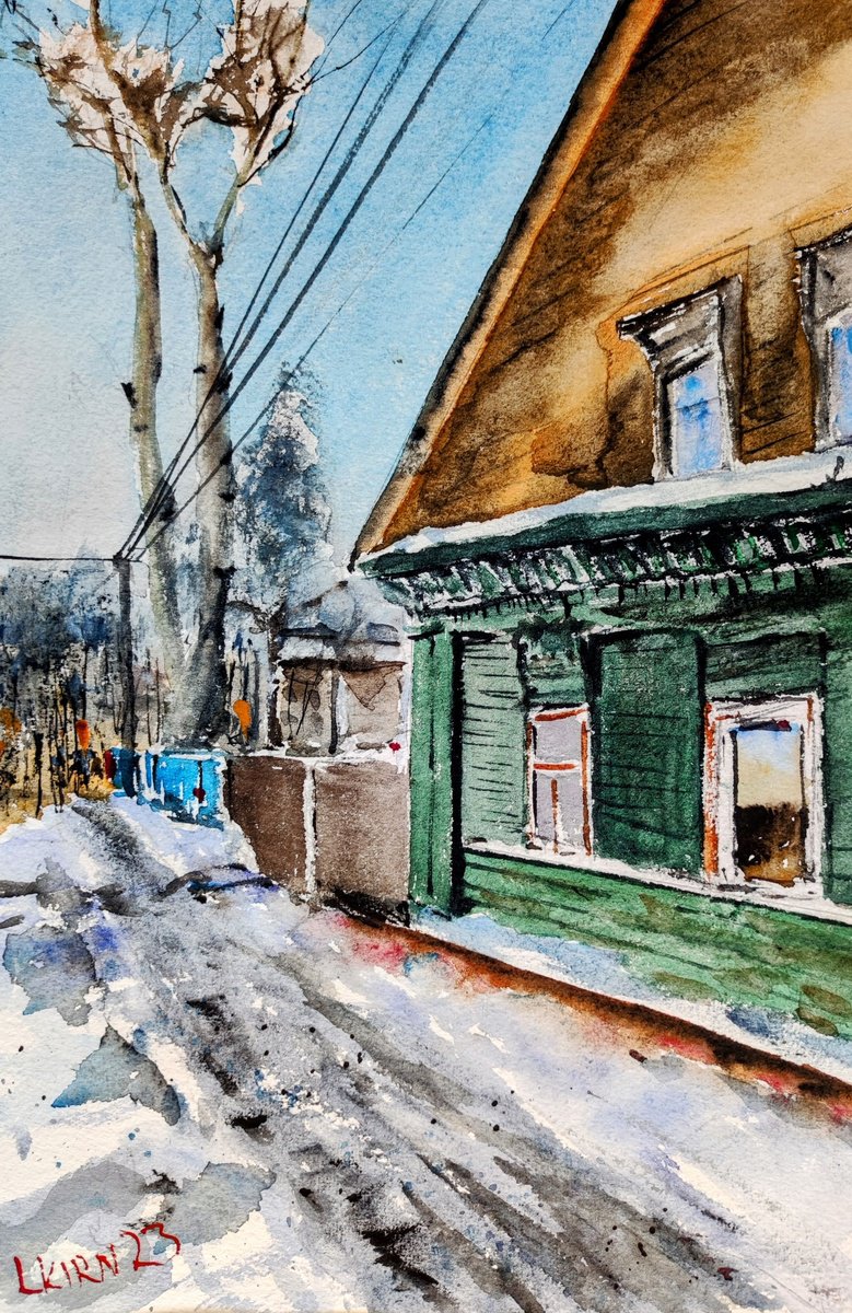 Impressionistic Cityscapes Watercolour By Leonid Kirnus, 10 X 15", Old House. Winter., Original Artwork