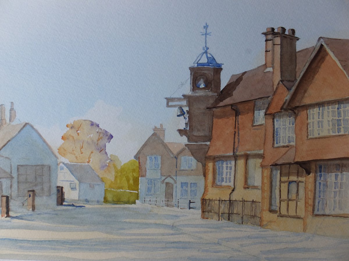 Photorealistic Cityscapes Watercolour By David Harmer, 20 X 16, Abinger Hammer With Clock, Original Artwork