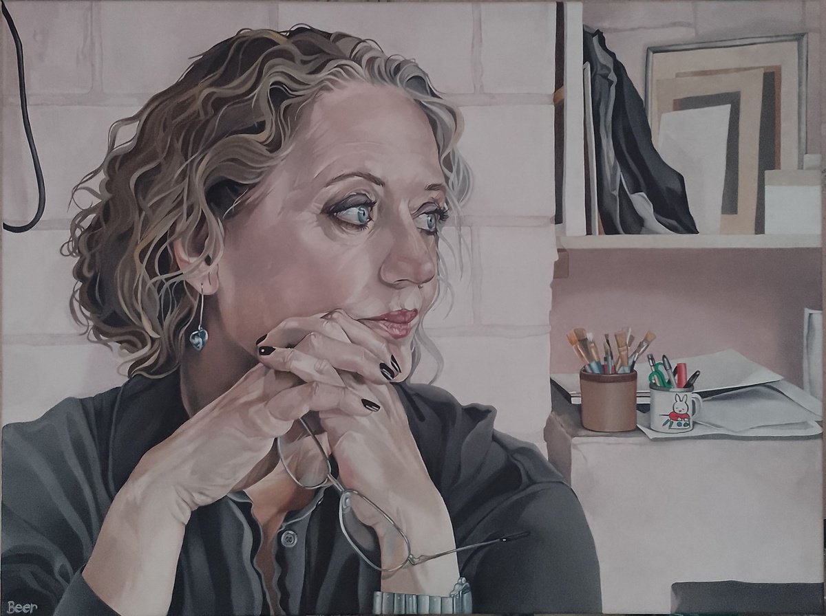 Expressive Portrait Oil Painting By Jo Beer, 31 X 24, Contented Place, Original Artwork