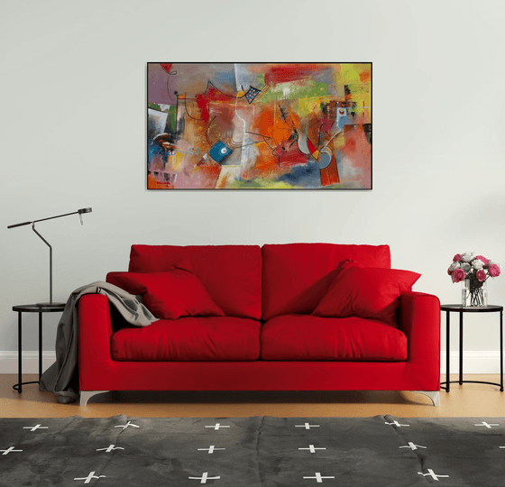 The Heat Of The Day, Large abstract painting, Original art, Oil on canvas, horizontal painting 82x145 cm, red tones