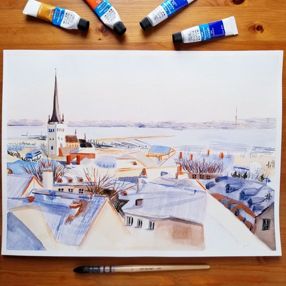 Winter Morning in Tallinn. Original Watercolor Painting on Cold Press Paper 300 g/m or 140 lb/m. Landscape Painting. Wall Art. 11" x 15". 27.9 x 38.1 cm. Unframed and unmatted.