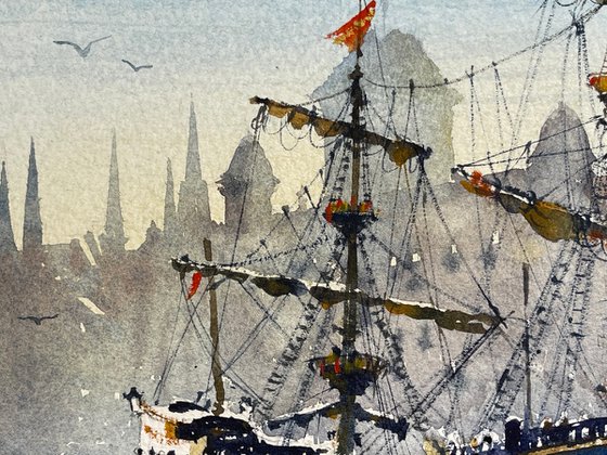 Old ship. Watercolor painting
