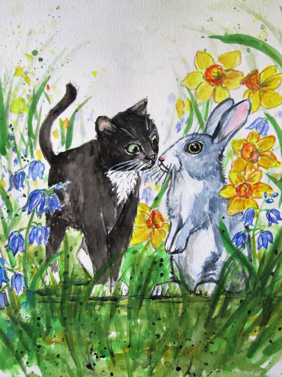 Expressive Animal Watercolour By Marjansart, 8 X 12", Cat, Rabbit, Daffodils And Blue Bells, Original Artwork