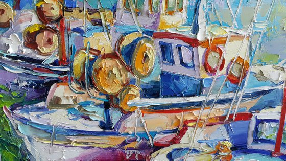 Painting Fishing boats, Nautical Painting, boat yacht bay