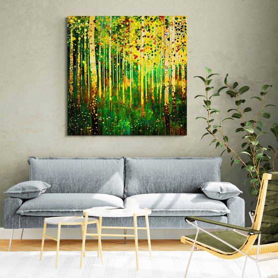 Abstract green forest, yellow red flowers with light reflections and bright sunbeams in Klimt style. Positive colorful wall art for home decor