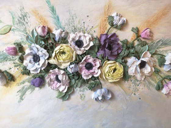 Bouquet with flowers anemones and Ranunculus - touch these delicate petals and inhale the fragrance of these beautiful flowers, wall decor idea, gift for a wealthy person 100x50x7 cm