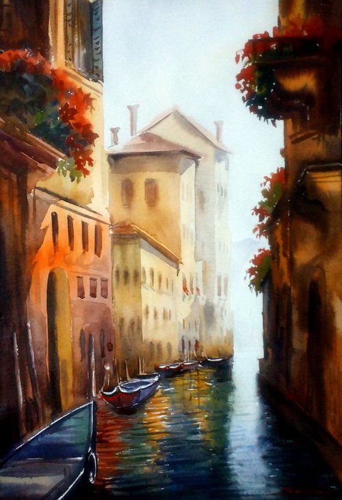 Morning Venice Canals - Watercolor Painting by Samiran Sarkar