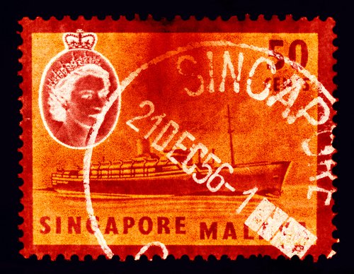 Singapore Stamp Collection '50 cents QEII Steamer Ship' (Orange) by Richard Heeps