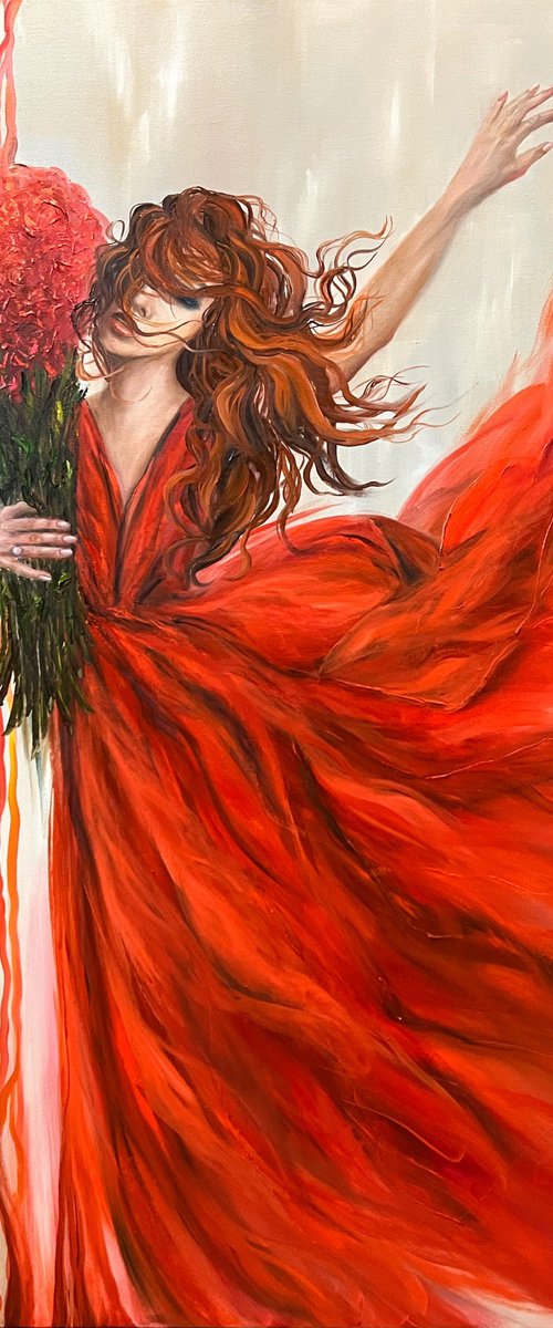 Love. Unconditional. oil painting, Picture of a girl, beautiful girl, girl in a dress, Portrait of a girl, girl in a red dress, girl with roses, painting with meaning, red painting, girl oil, red dress, girl with a bouquet, girl with long hair, painting about love, lovepicture of a beauty, graceful beauty by Natalie Demina