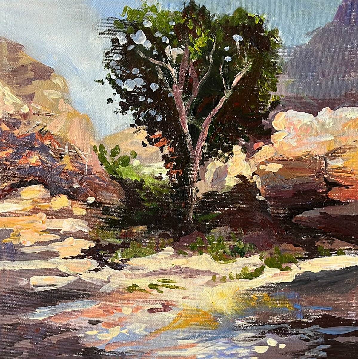 Impressionistic Landscape Acrylic Painting By Maria Kireev, 12 X 12", Nahal Prat #2, Original Artwork