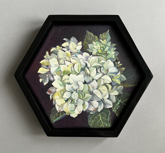 White hydrangea. Bouquet of flowers in oil painting.