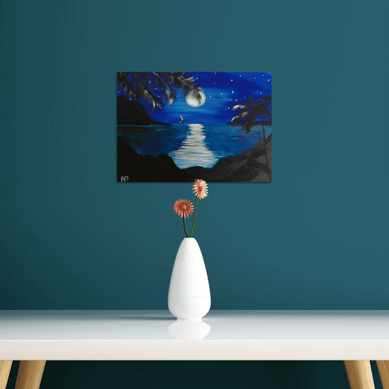 Dreams come true, sea, night, moon, seascape, original acrylic painting
