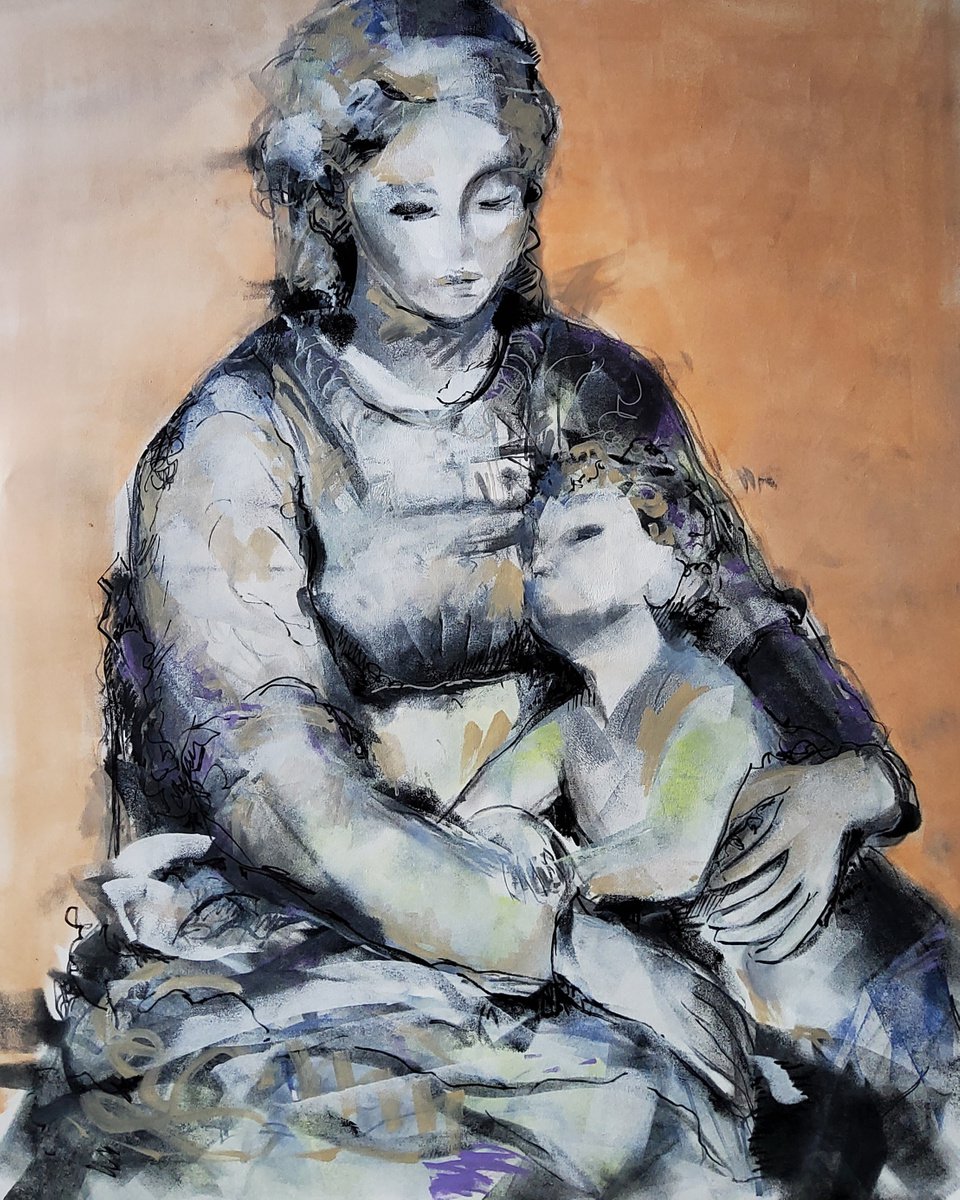 Expressive Portrait Acrylic Painting By Marina Del Pozo, 31 X 39", Madonna And Child 5, Original Artwork