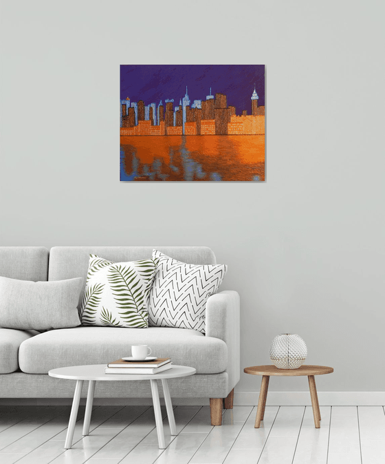 Midnight on the Hudson - New York cityscape on Hudson river evening reflections; home, office decor; gift idea