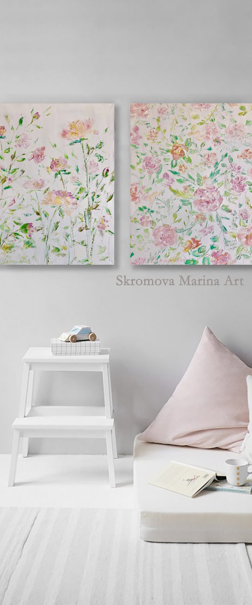 ROSES COUPLE- Set. Diptych. Little Roses. Pink flowers. Roses on white. Pink roses. Buds. Pretty flowers. Provence. by Marina Skromova
