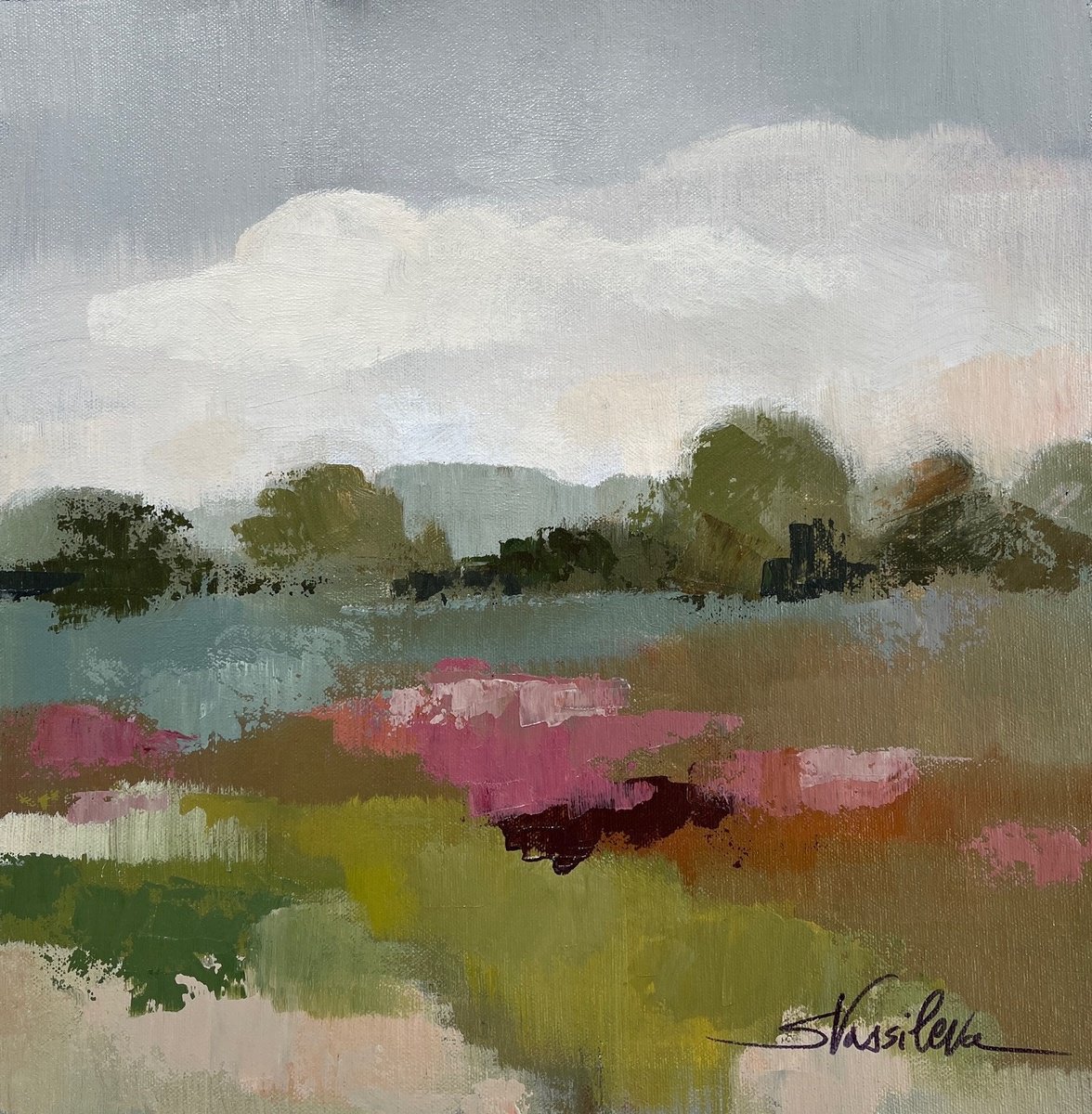 Expressive Landscape Acrylic Painting By Silvia Vassileva, 15 X 15", Burgundy And Sage Landscape Ii, Original Artwork