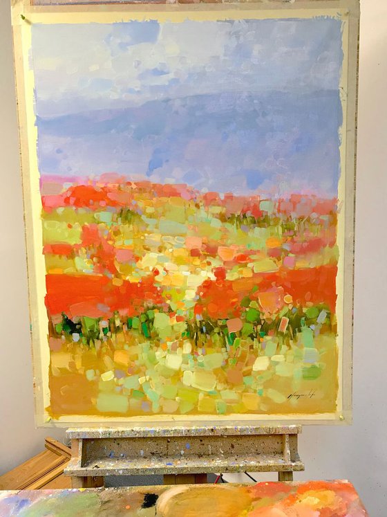 Hill of Flowers, Landscape Original oil painting, One of a kind Signed