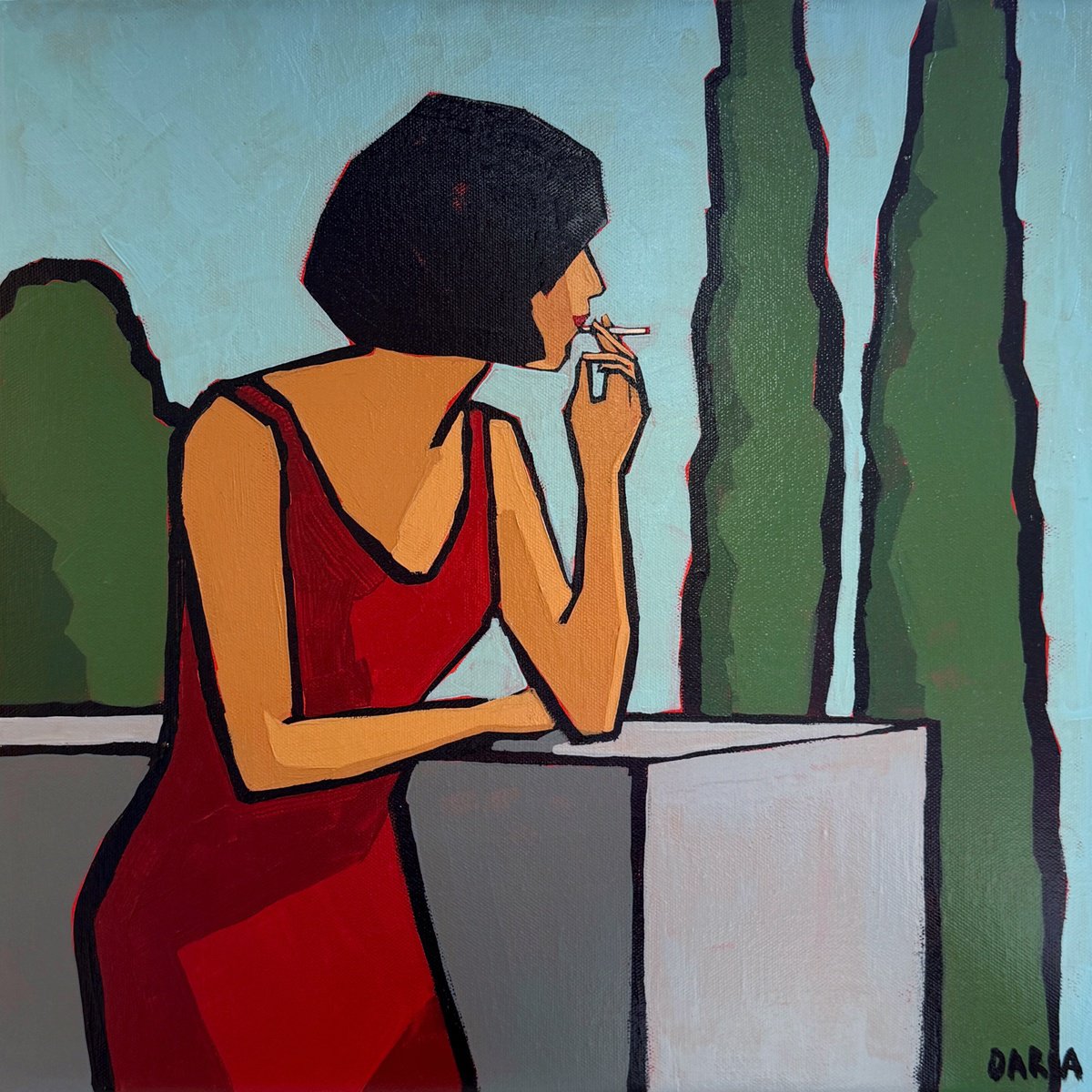Naive Acrylic Painting , Woman On Balcony By Daria Baklykova, 16 X 16, Artwork For Sale On Artfinder