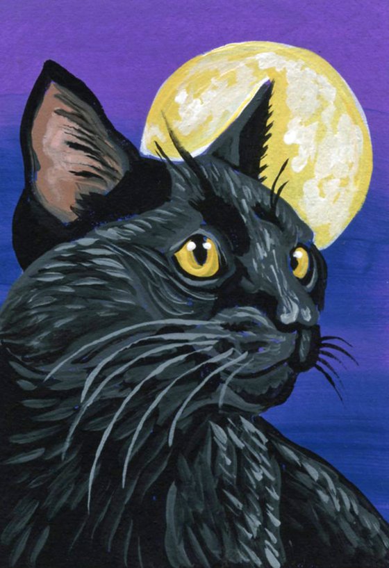 ACEO ATC Original Miniature Painting Black Kitten Pet Cat Art-Carla Smale