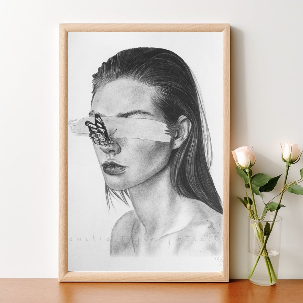 Photorealistic Portrait Pencil Drawing By Amelia Taylor, 8 X 12, The Girl And The Butterfly, Original Artwork