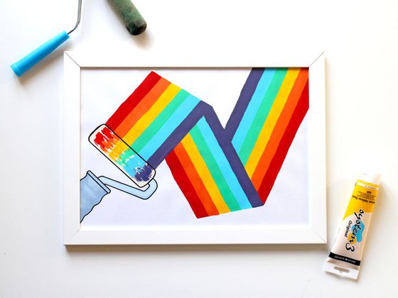 Rainbow Colour Spectrum Paint Roller Pop Art Painting On Unframed A3 Paper