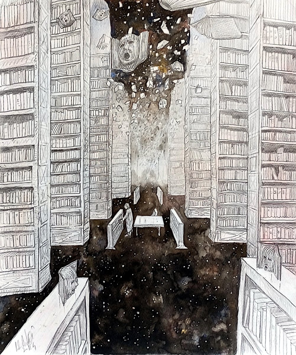 Illustrative Cityscapes Drawing By Paolo Beneforti, 9 X 12", Living Library, Original Artwork