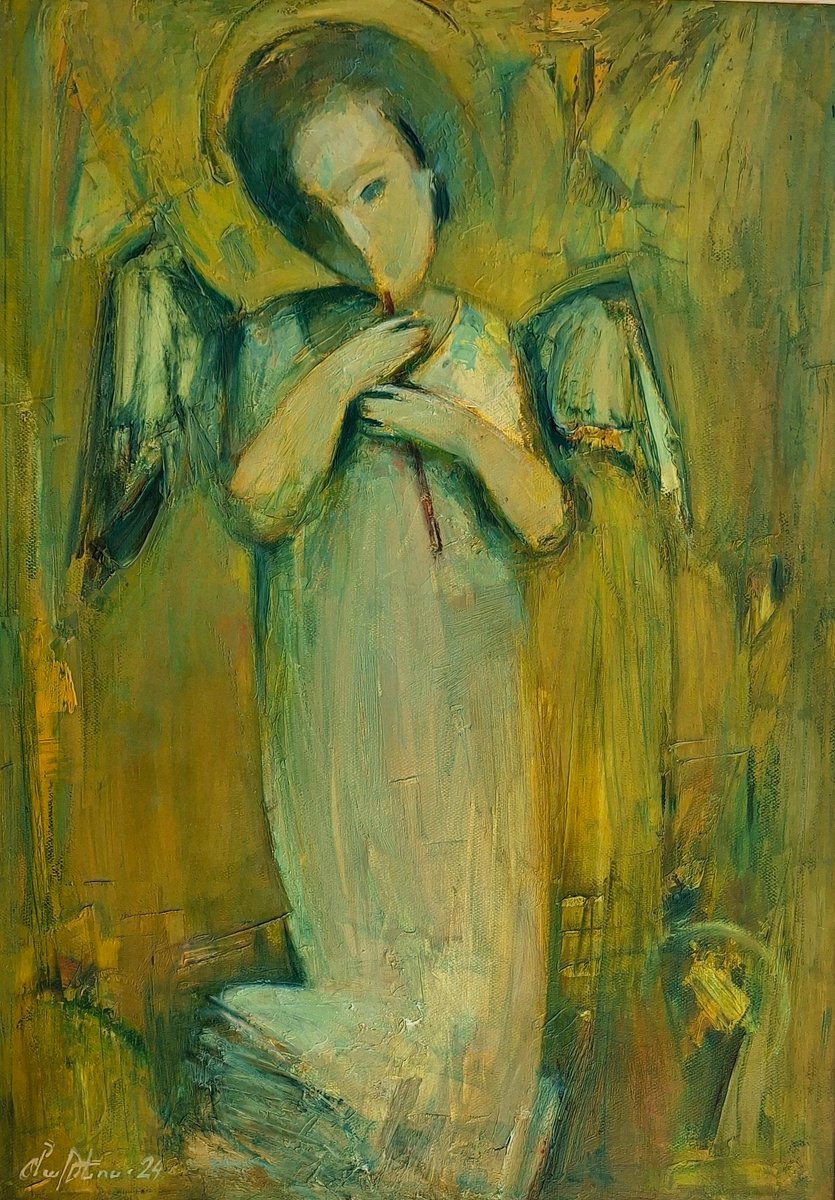 Abstract Portrait Oil Painting By Matevos Sargsyan, 17 X 23", Heavenly Messenger, Original Artwork