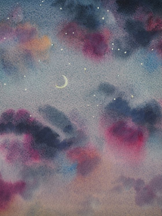New moon - original watercolor sky painting