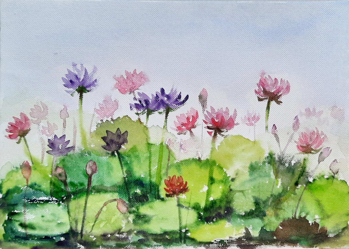 Water Lilies SL 20 - Watercolor Lily Pond on paper 11.2x 8.2 by Asha Shenoy