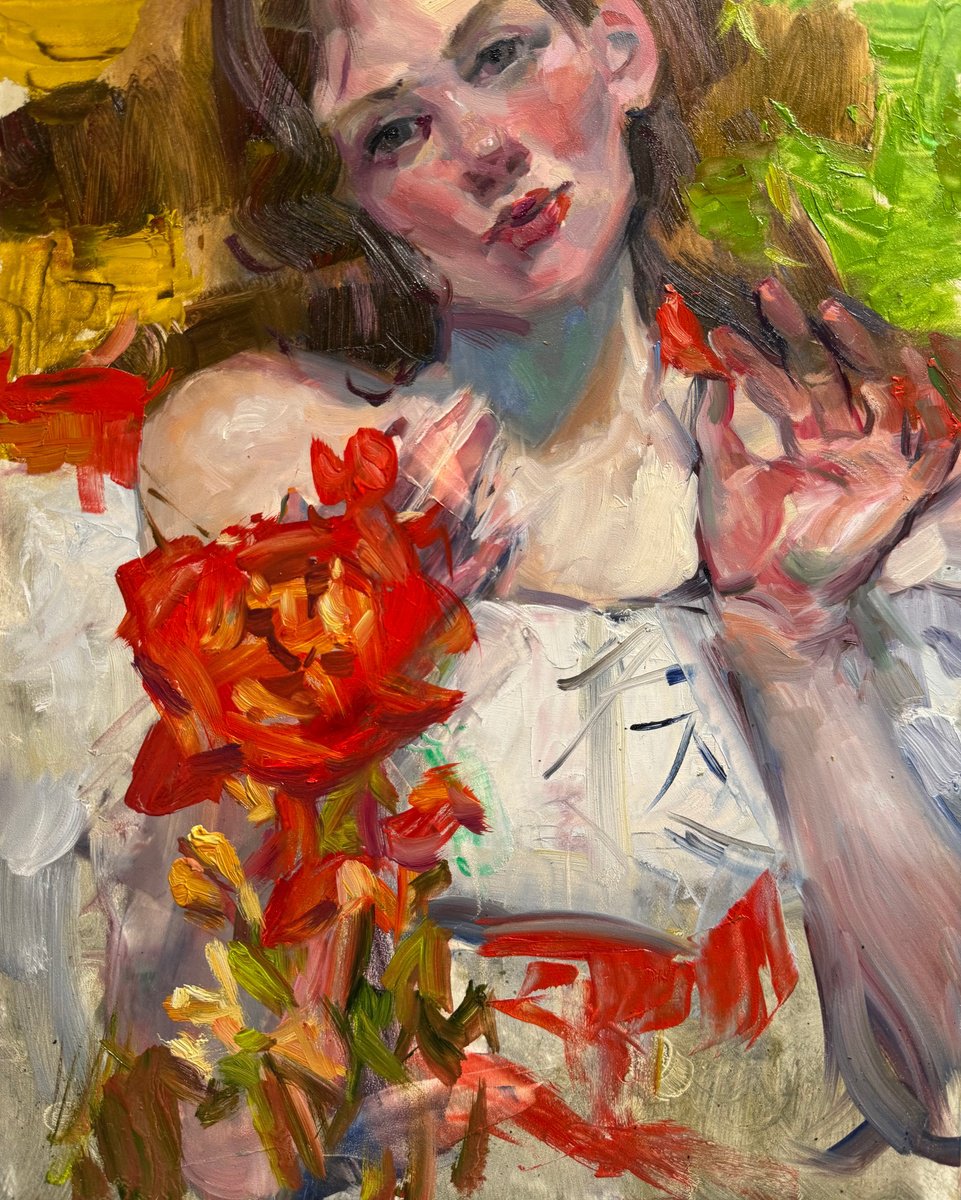 Portrait Oil Painting By Olga Bolgar, 12 X 15", A Girl With A Red Poppy, Original Artwork