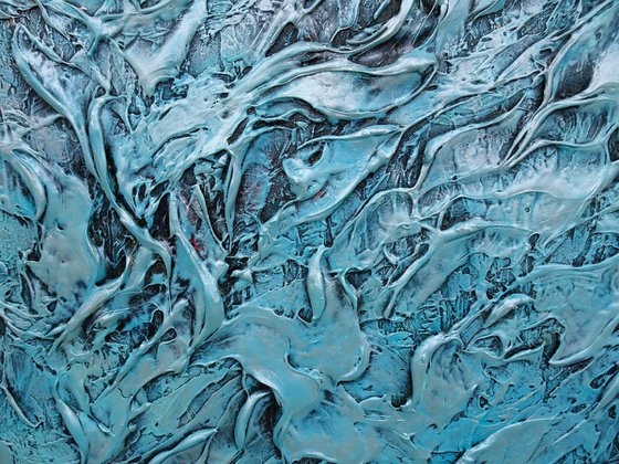 CORAL REEF. Large Abstract Blue Teal Silver Textured Painting 3D