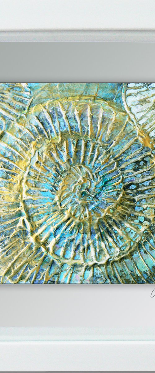 Fossil #4 (ammonite textured painting with gold highlights ) Framed ready to hang original by Carolynne Coulson