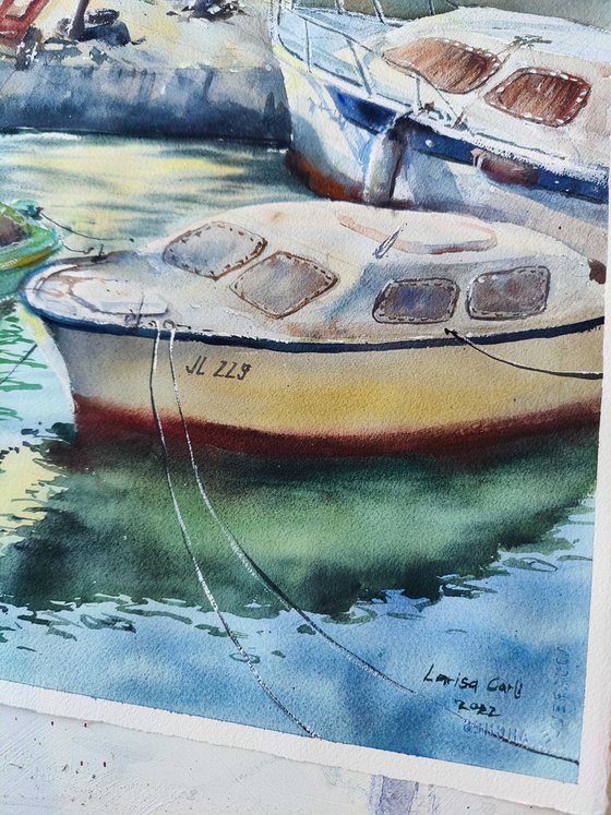 The beautiful port of Jelsa, Hvar | Original watercolor painting (2022) Hand-painted Art Small Artist | Mediterranean Europe Impressionistic