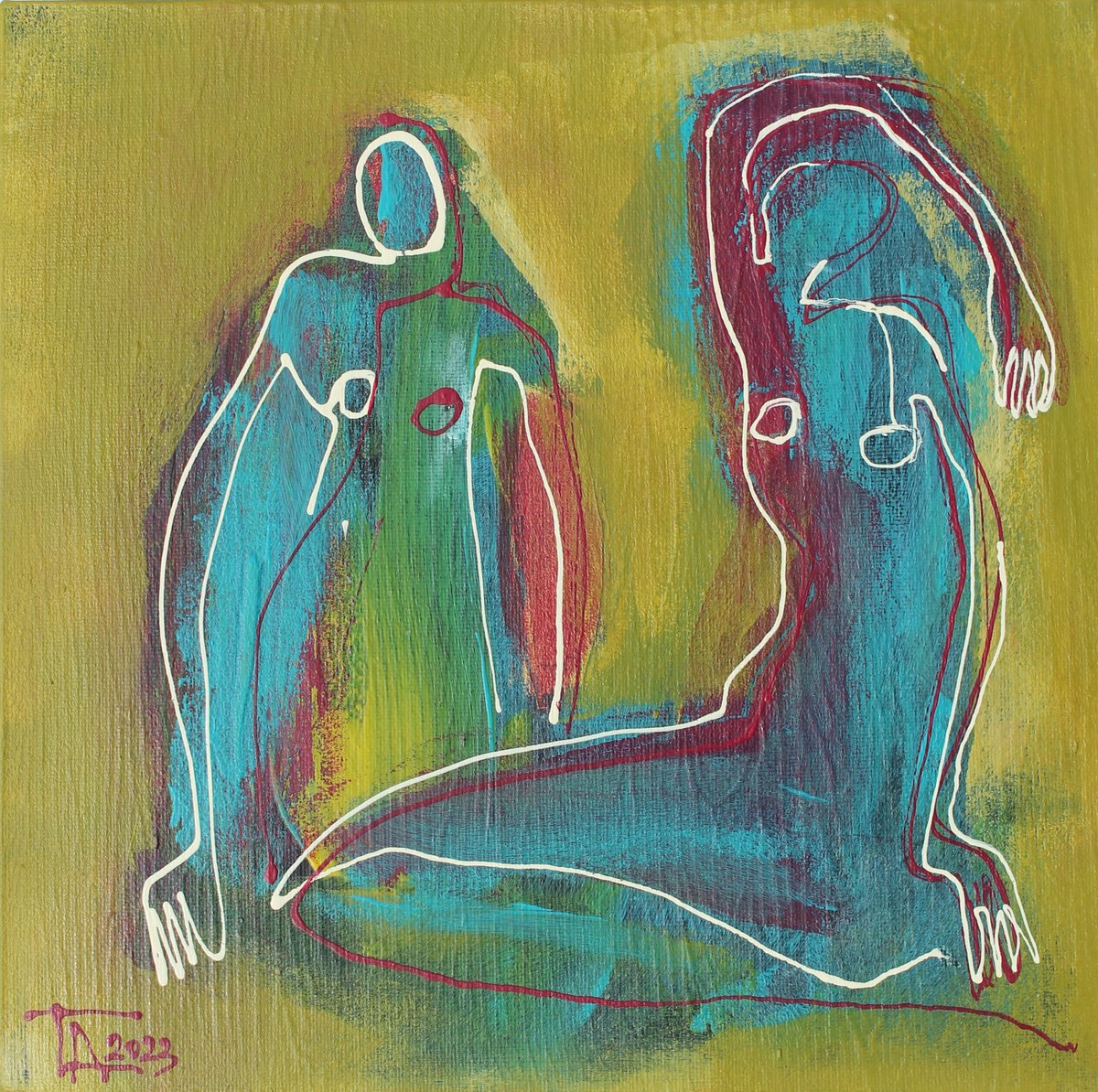 Expressive Portrait Acrylic Painting By Tatjana Auschew, 11 X 11", Two., Original Artwork