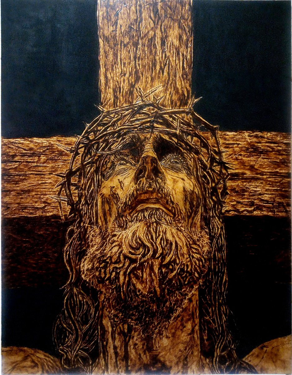 Expressive Portrait Painting By Milis Pyrography, 14 X 18", Sacrifice, Original Artwork