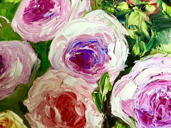 WHITE PINK YELLOW PURPLE  ROSES IN A GARDEN palette knife modern still life  flowers office home decor gift