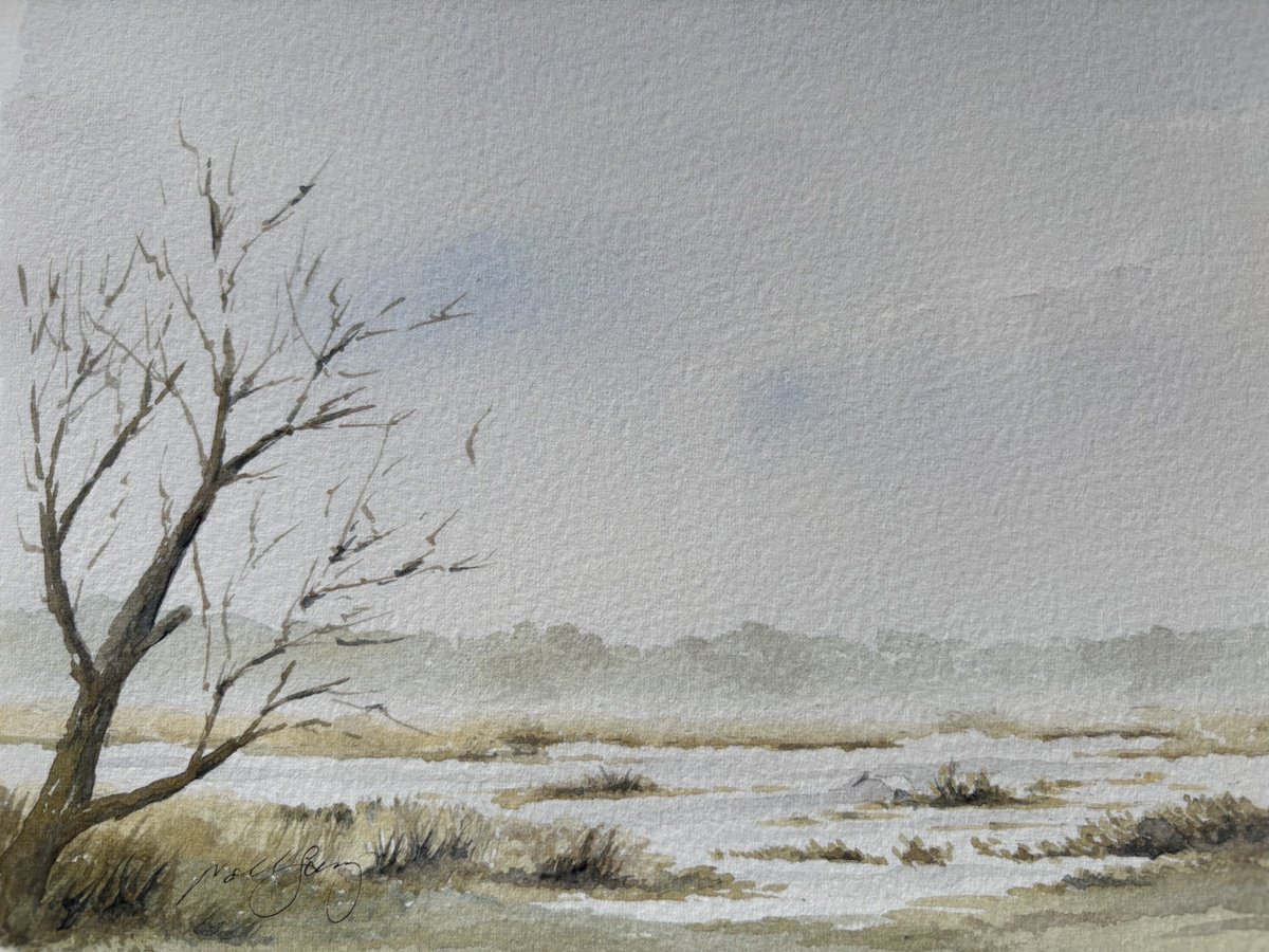Impressionistic Landscape Watercolour By Noel Sawyer, 10 X 7", Little Egret Fishing, Original Artwork