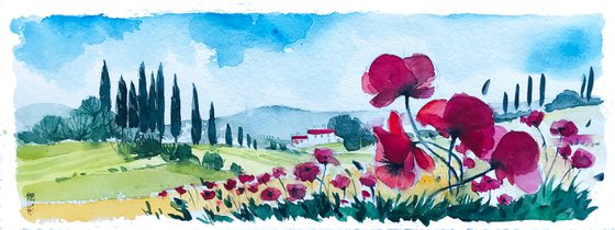 Tuscan landscape with poppies