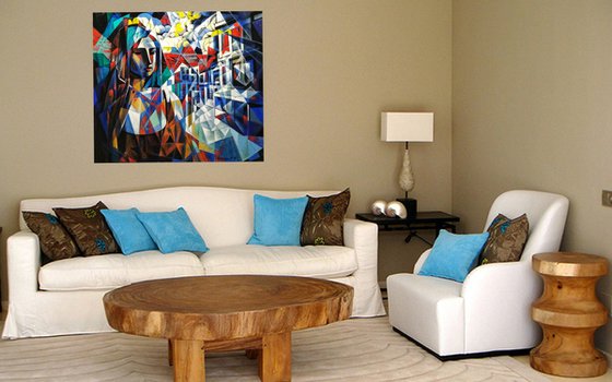 Waiting (90x80cm, cubism, oil painting, ready to hang)