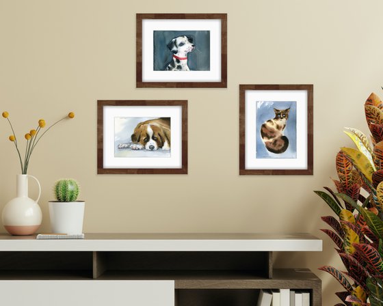 Set of three artworks with pets - St. Bernard dog, Dalmatian dog and spotted cat. Original watercolor artworks.