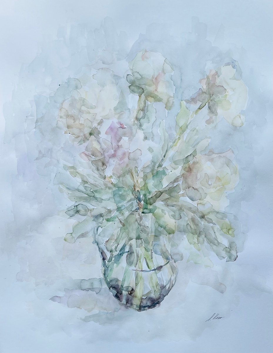 Impressionistic Botanical Watercolour By Elena Klyan, 20 X 26, Pionies 50X65 Cm 2025, Original Artwork