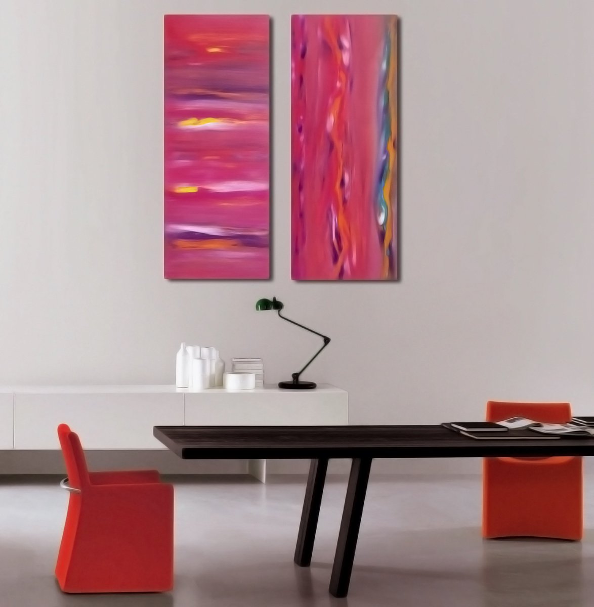 Abstract Oil Painting By Davide De Palma, 31 X 39, Sunset Anomaly, Diptych, Original Artwork