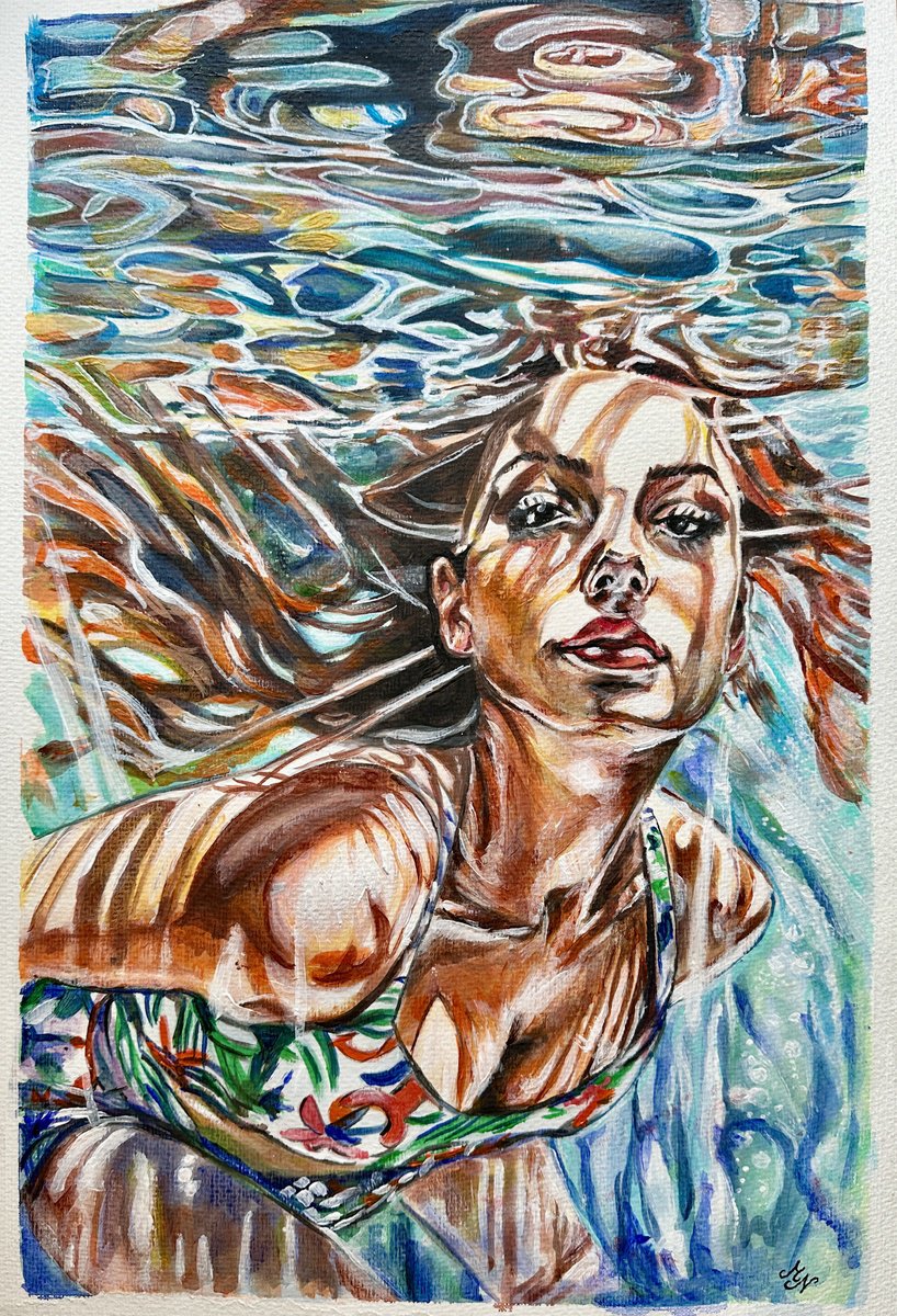 Impressionistic Portrait Acrylic Painting By Misty Lady - M. Nierobisz, 13 X 19", Underwater World, Original Artwork