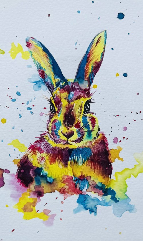 Colourful Watercolour Rabbit by Kate Mac