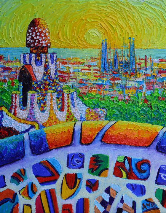 BARCELONA MAGICAL SUNRISE FROM PARK GUELL - Sagrada Familia in sunrise light - modern impressionism abstract stylized cityscape palette knife oil painting by Ana Maria Edulescu